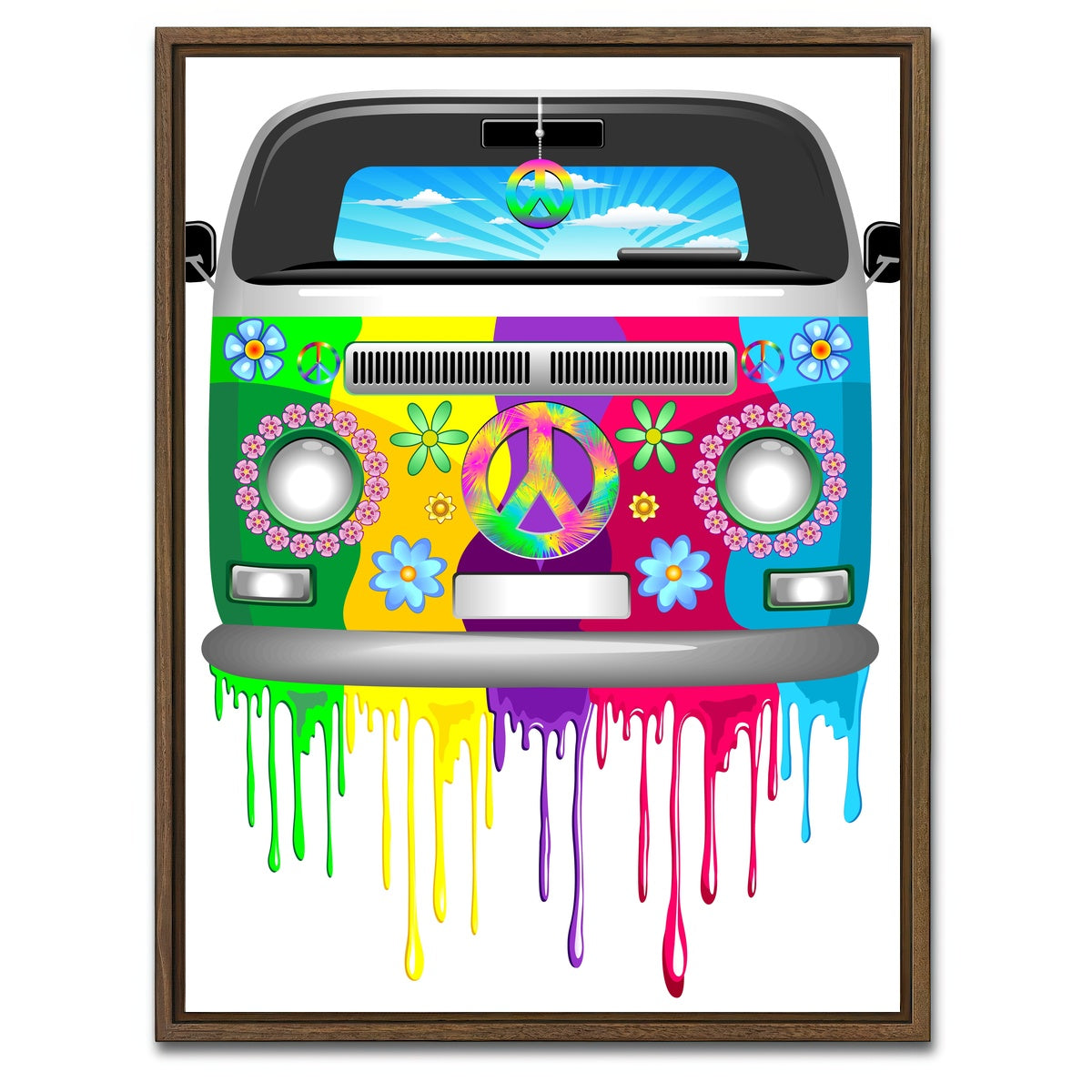 AUTO-MOCKUP WHITE | Hippie Bus with Dripping Rainbow Paint | 1 Piece | Walnut Framed Canvas | group=3x4