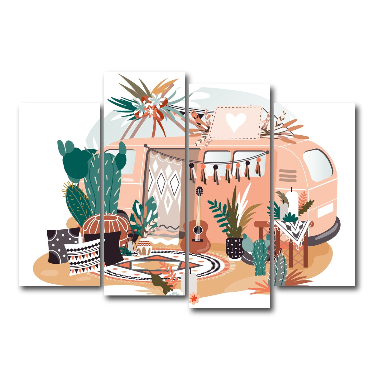 AUTO-MOCKUP WHITE | Hippie van in boho style | 4 Piece | Gallery Wrap Canvas | group=4_normal