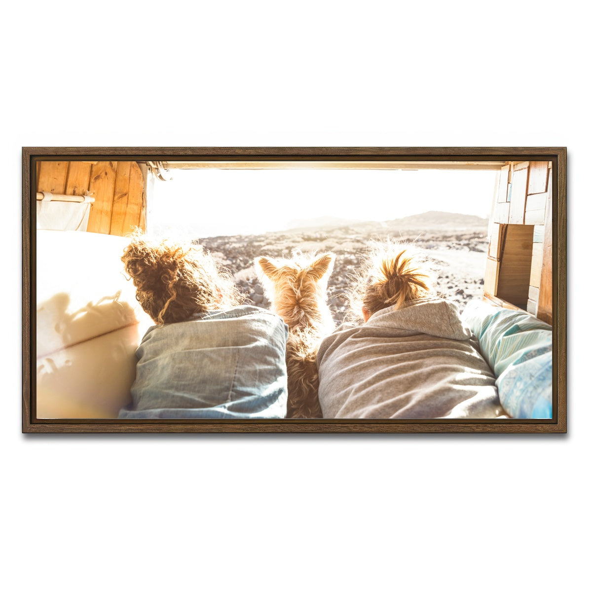 AUTO-MOCKUP WHITE | Hipster couple with cute dog | 1 Piece | Walnut Framed Canvas | group=2x1