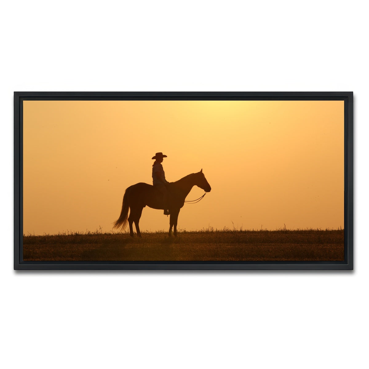 AUTO-MOCKUP WHITE | Horse & Cowboy at Sunset | 1 Piece | Black Framed Canvas | group=2x1