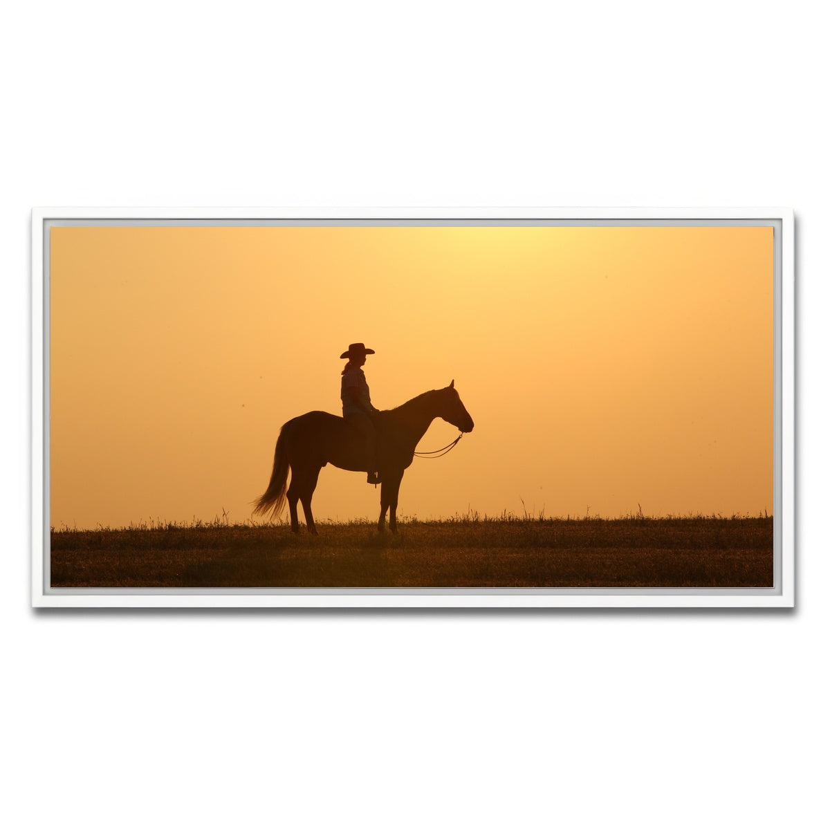 AUTO-MOCKUP WHITE | Horse & Cowboy at Sunset | 1 Piece | White Framed Canvas | group=2x1