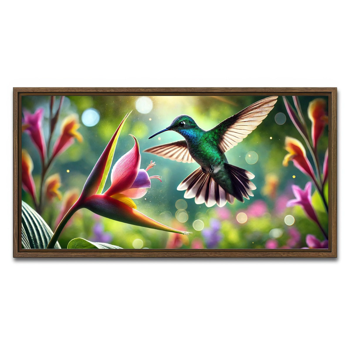 AUTO-MOCKUP WHITE | Hummingbird & Flower | 1 Piece | Walnut Framed Canvas | group=2x1