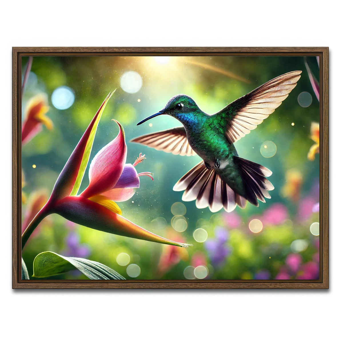 AUTO-MOCKUP WHITE | Hummingbird & Flower | 1 Piece | Walnut Framed Canvas | group=4x3