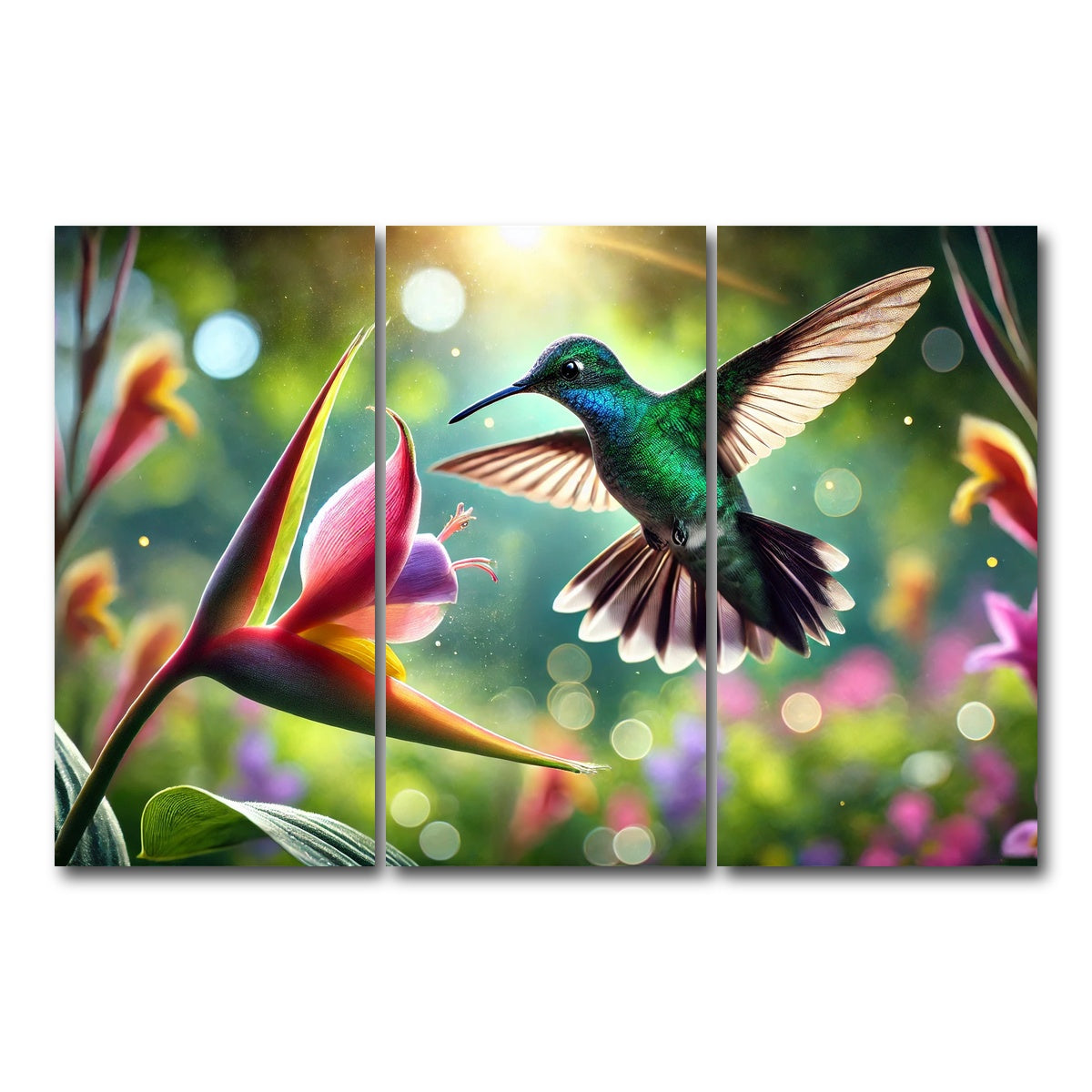 AUTO-MOCKUP WHITE | Hummingbird & Flower | 3 Piece | Gallery Wrap Canvas | group=12x24