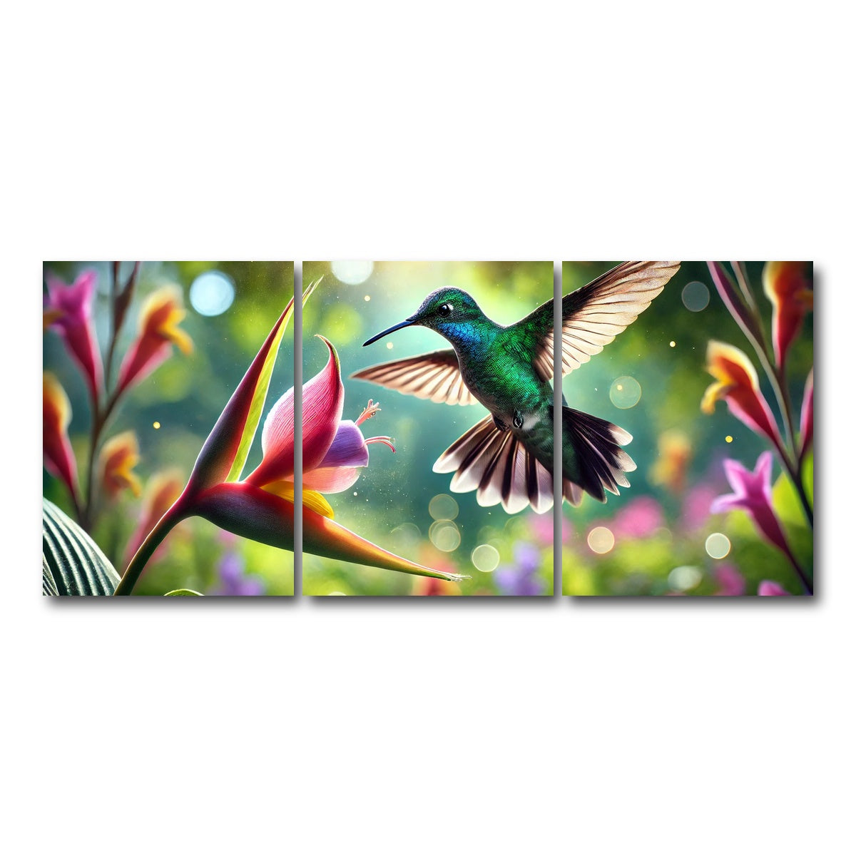 AUTO-MOCKUP WHITE | Hummingbird & Flower | 3 Piece | Gallery Wrap Canvas | group=18x24