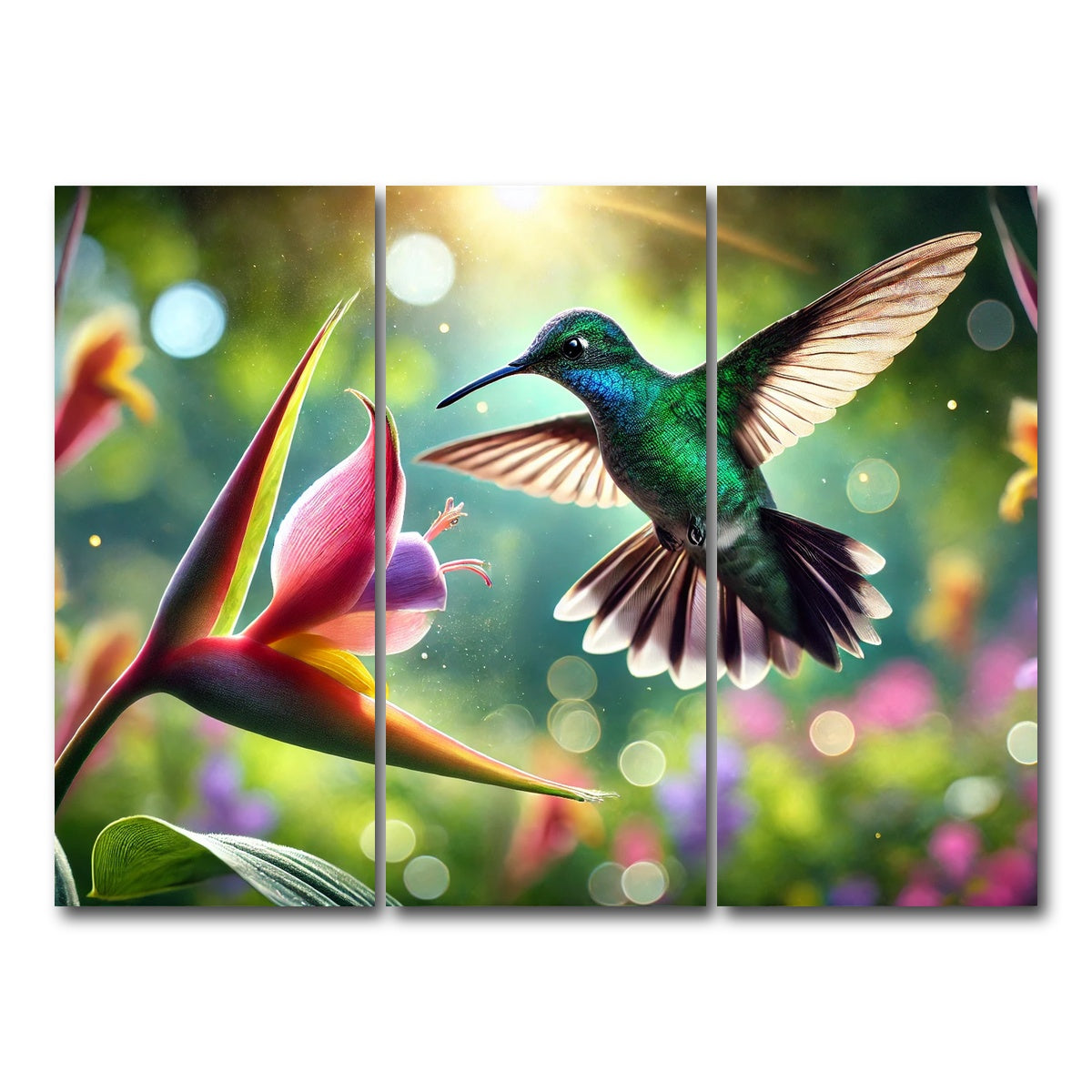 AUTO-MOCKUP WHITE | Hummingbird & Flower | 3 Piece | Gallery Wrap Canvas | group=8x18