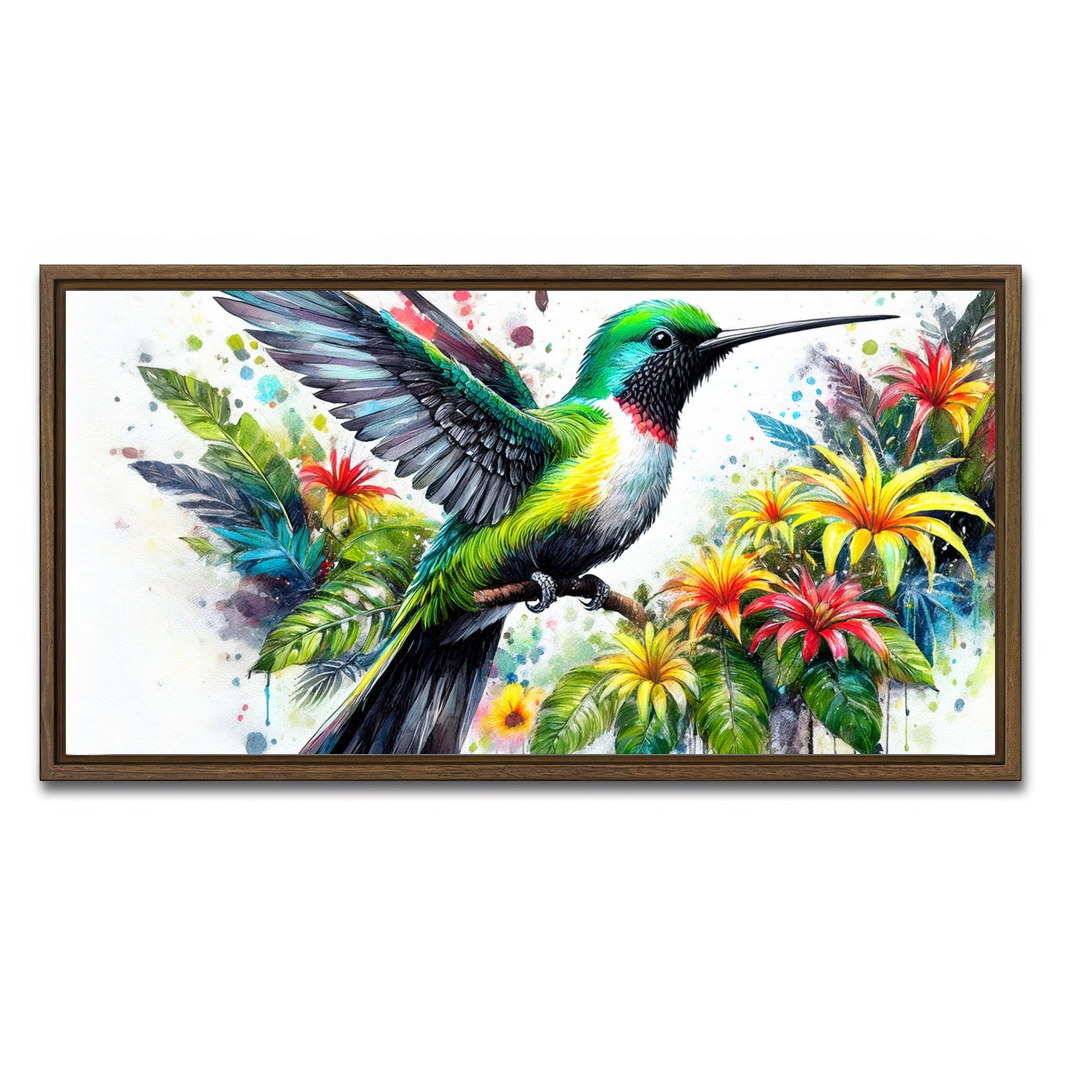 AUTO-MOCKUP WHITE | Hummingbird Watercolor | 1 Piece | Walnut Framed Canvas | group=2x1