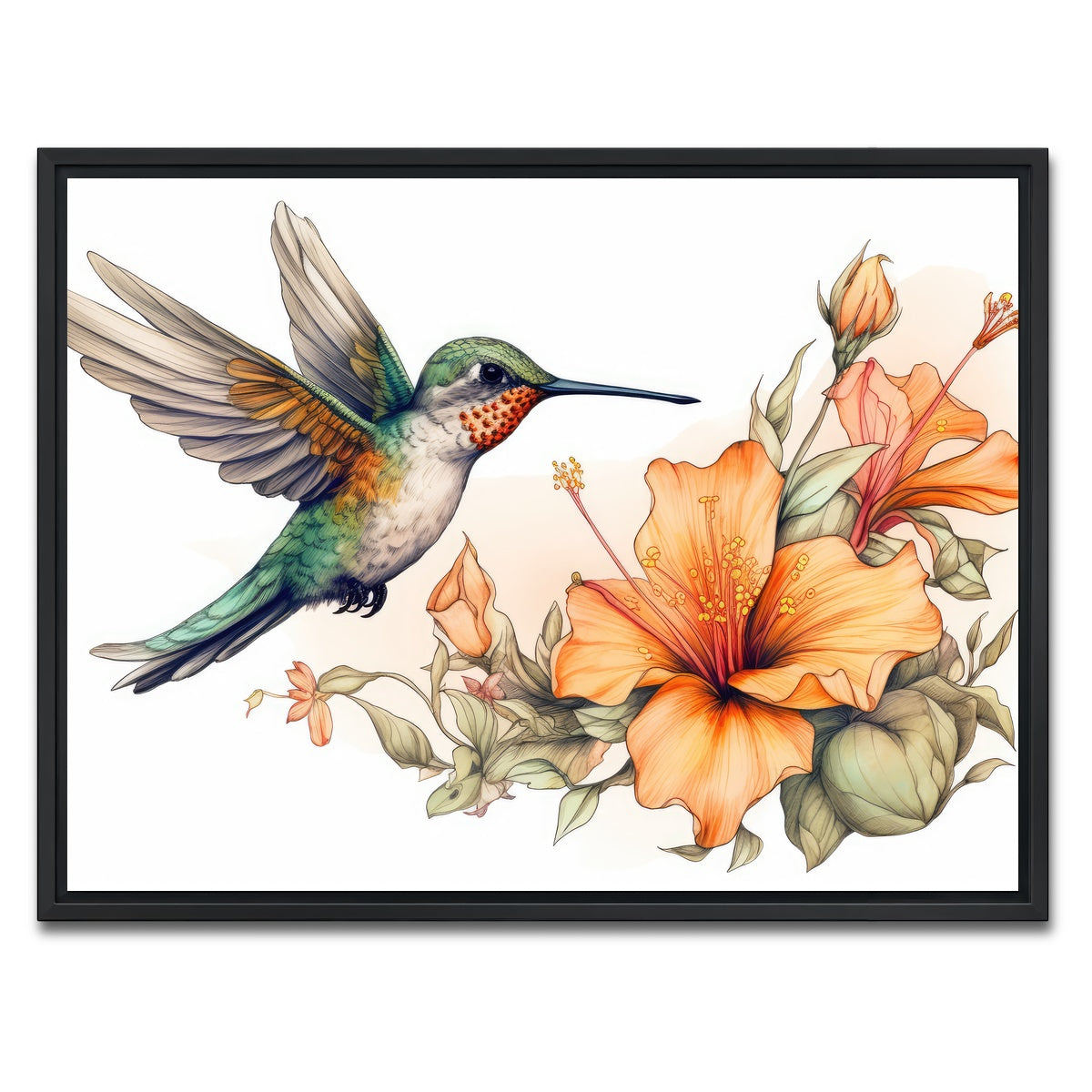 AUTO-MOCKUP WHITE | Hummingbird with Vintage Flowers | 1 Piece | Black Framed Canvas | group=4x3