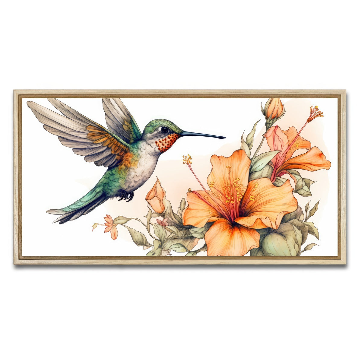 AUTO-MOCKUP WHITE | Hummingbird with Vintage Flowers | 1 Piece | Natural Framed Canvas | group=2x1