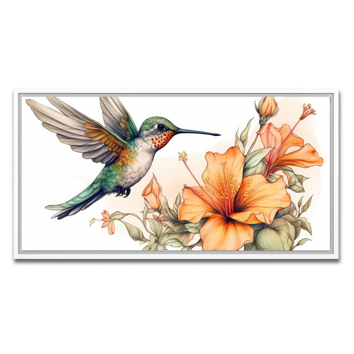 AUTO-MOCKUP WHITE | Hummingbird with Vintage Flowers | 1 Piece | White Framed Canvas | group=2x1