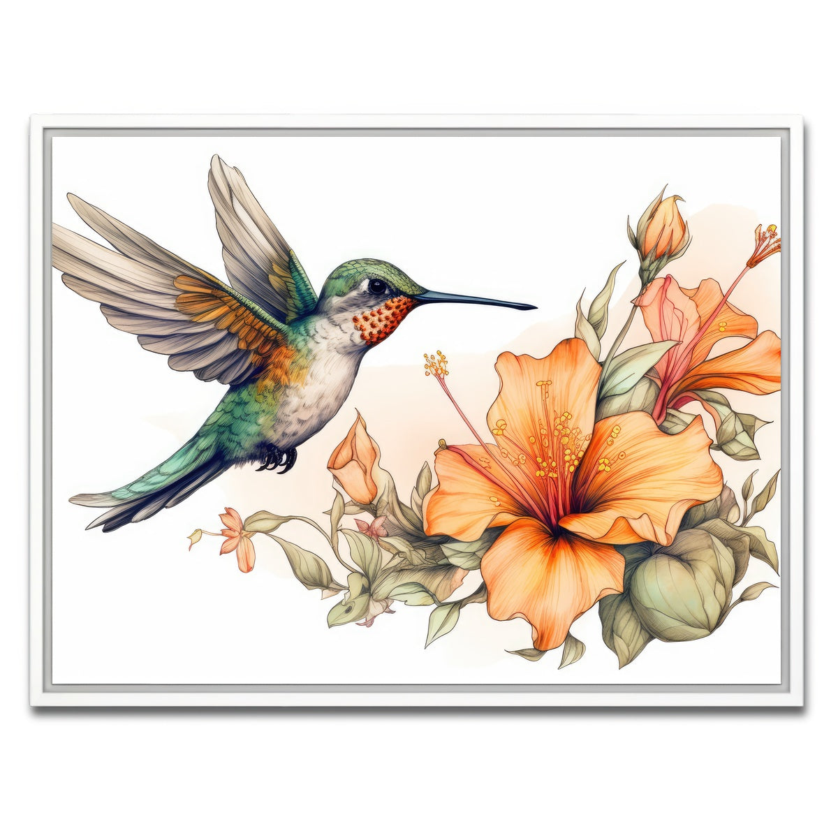 AUTO-MOCKUP WHITE | Hummingbird with Vintage Flowers | 1 Piece | White Framed Canvas | group=4x3