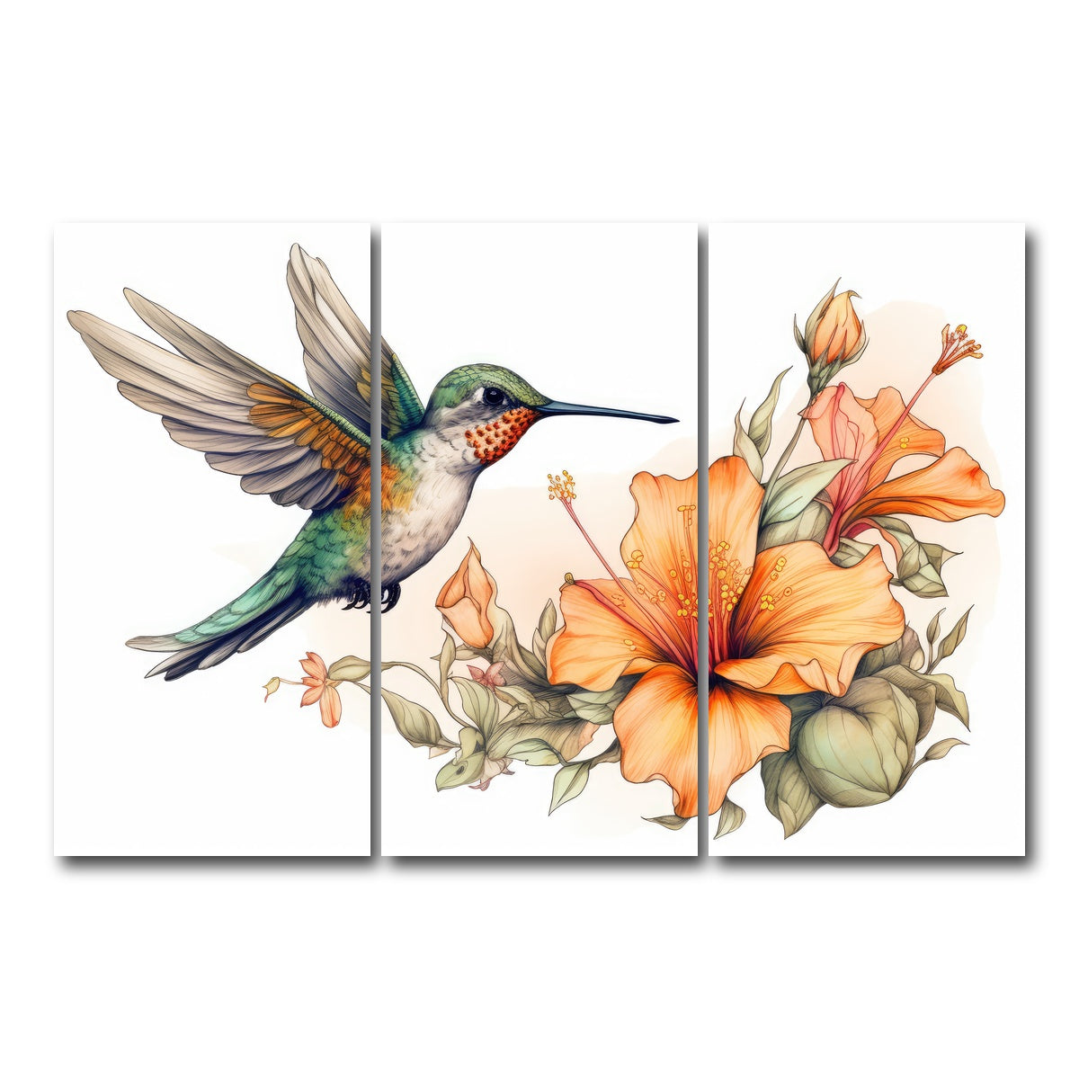 AUTO-MOCKUP WHITE | Hummingbird with Vintage Flowers | 3 Piece | Gallery Wrap Canvas | group=12x24