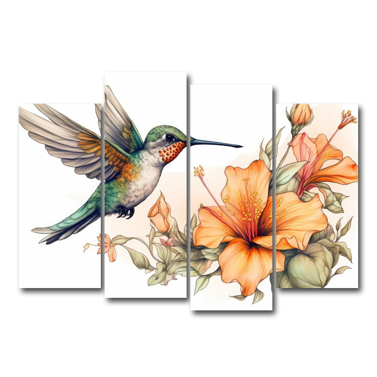 AUTO-MOCKUP WHITE | Hummingbird with Vintage Flowers | 4 Piece | Gallery Wrap Canvas | group=4_normal