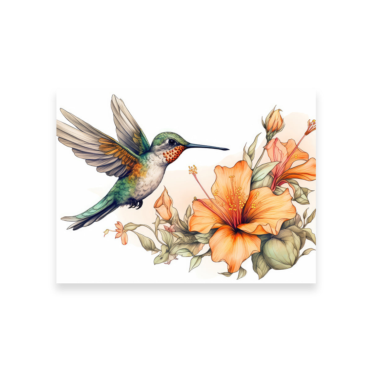 Hummingbird with Vintage Flowers Wall Art