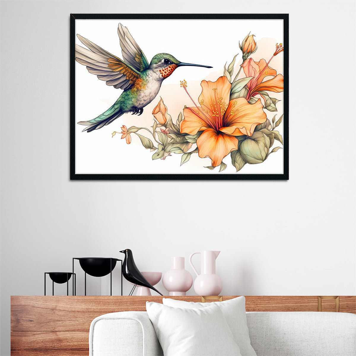 Hummingbird with Vintage Flowers Wall Art