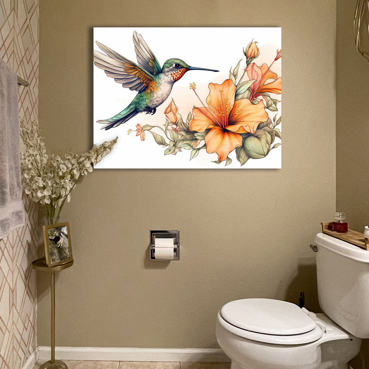 Hummingbird with Vintage Flowers Wall Art