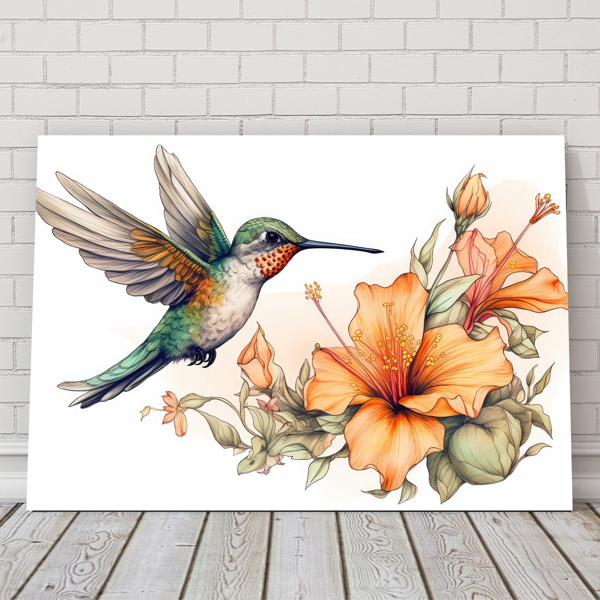 Hummingbird with Vintage Flowers Wall Art