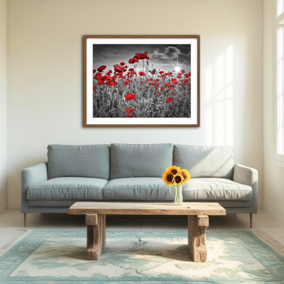 AUTO-MOCKUP ROOM | Idyllic Field of Poppies with Sun Wall Art