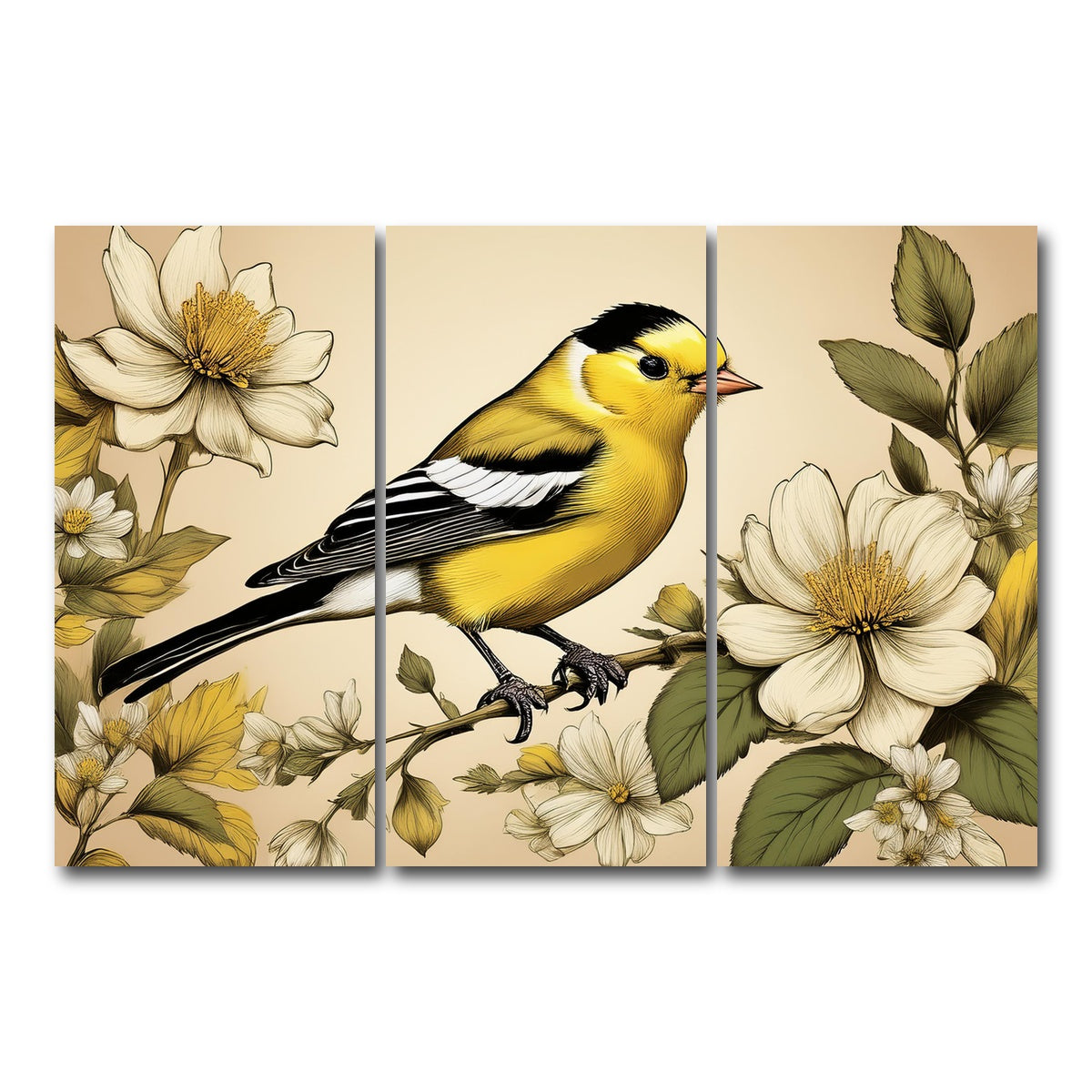 AUTO-MOCKUP WHITE | JJ Audubon's Style American Goldfinch | 3 Piece | Gallery Wrap Canvas | group=12x24
