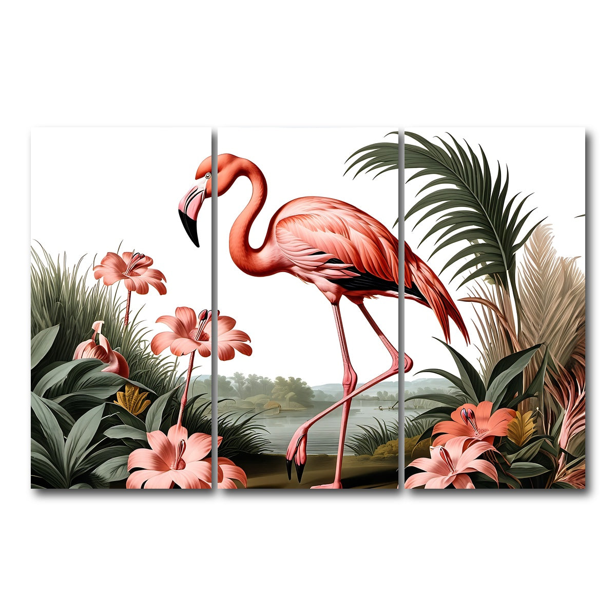 AUTO-MOCKUP WHITE | JJ Audubon's Style Flamingo | 3 Piece | Gallery Wrap Canvas | group=12x24