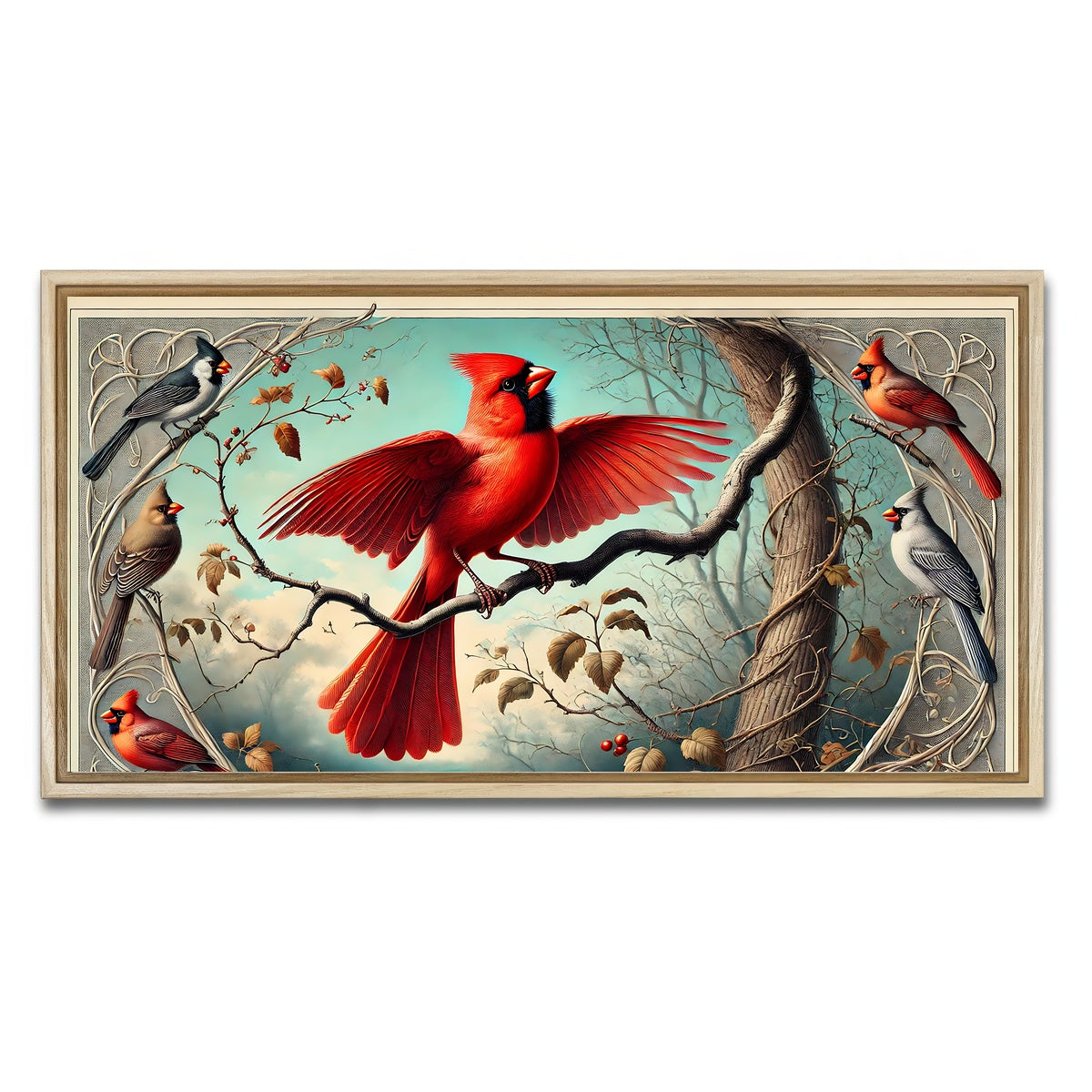 AUTO-MOCKUP WHITE | JJ Audubon's Style Northern Cardinal | 1 Piece | Natural Framed Canvas | group=2x1