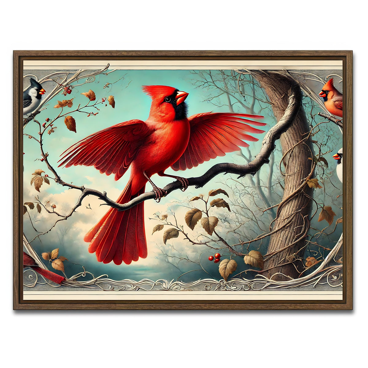 AUTO-MOCKUP WHITE | JJ Audubon's Style Northern Cardinal | 1 Piece | Walnut Framed Canvas | group=4x3