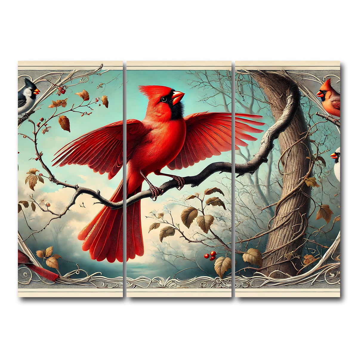 AUTO-MOCKUP WHITE | JJ Audubon's Style Northern Cardinal | 3 Piece | Gallery Wrap Canvas | group=8x18