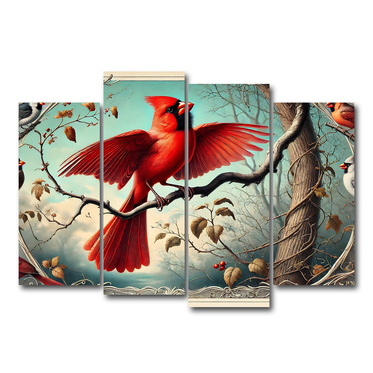 AUTO-MOCKUP WHITE | JJ Audubon's Style Northern Cardinal | 4 Piece | Gallery Wrap Canvas | group=4_normal