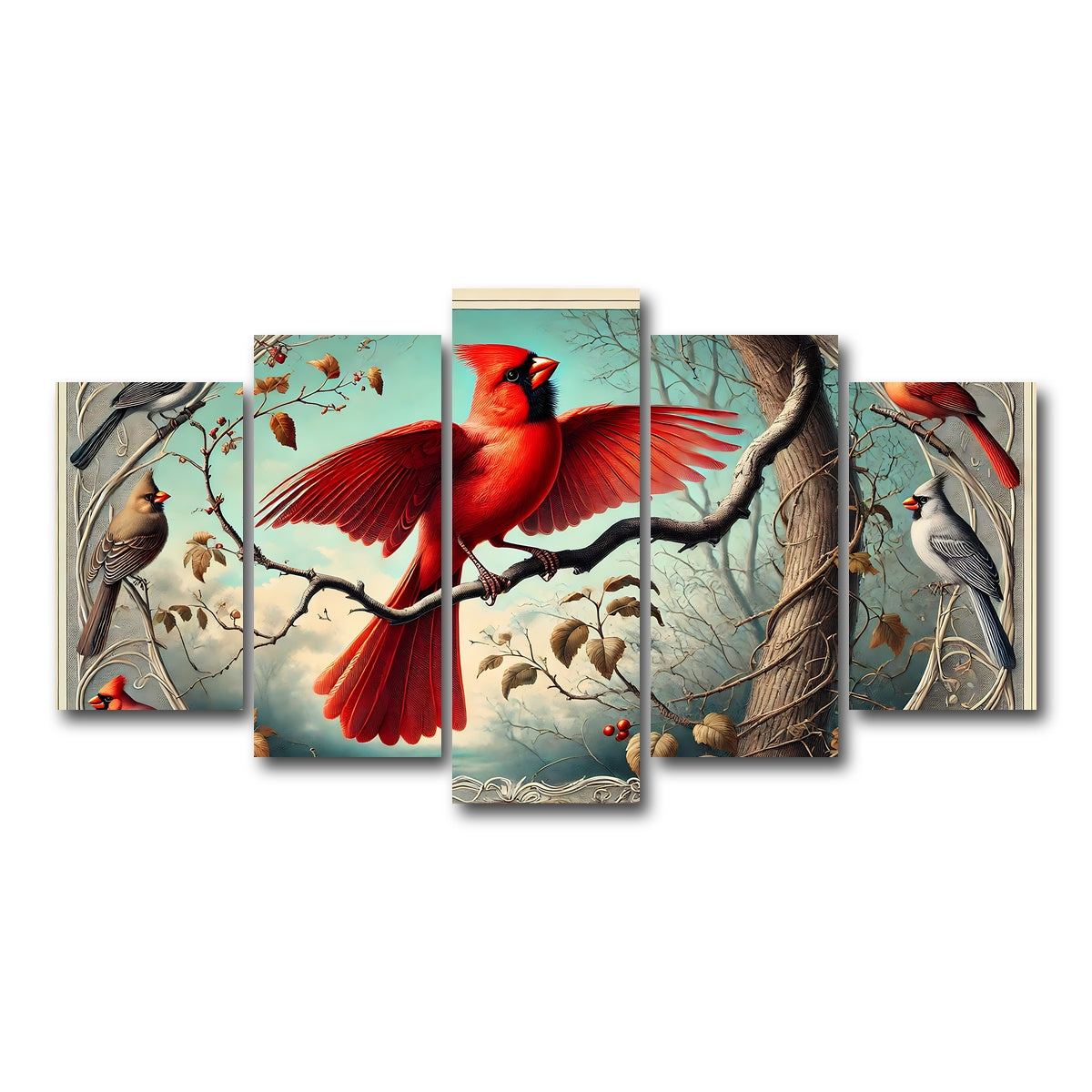 AUTO-MOCKUP WHITE | JJ Audubon's Style Northern Cardinal | 5 Piece | Gallery Wrap Canvas | group=5_normal