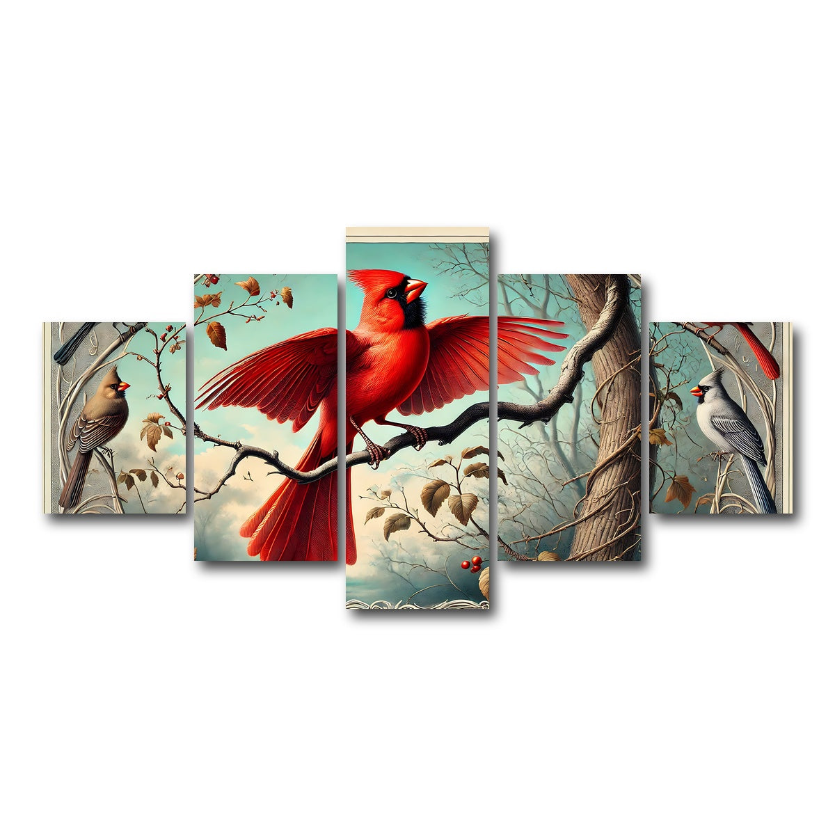 AUTO-MOCKUP WHITE | JJ Audubon's Style Northern Cardinal | 5 Piece | Gallery Wrap Canvas | group=5_short