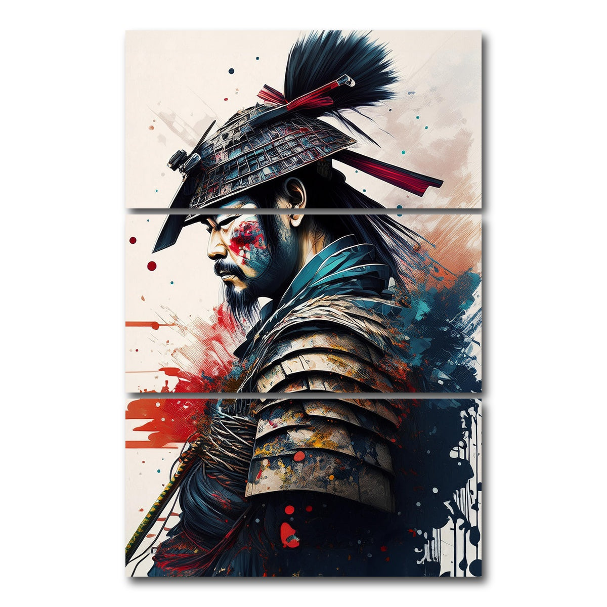 AUTO-MOCKUP WHITE | Japanese Samurai Paint | 3 Piece | Gallery Wrap Canvas | group=12x24_stacked