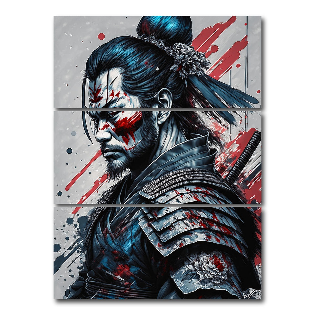 AUTO-MOCKUP WHITE | Japanese Samurai Warrior Portrait | 3 Piece | Gallery Wrap Canvas | group=8x18_stacked