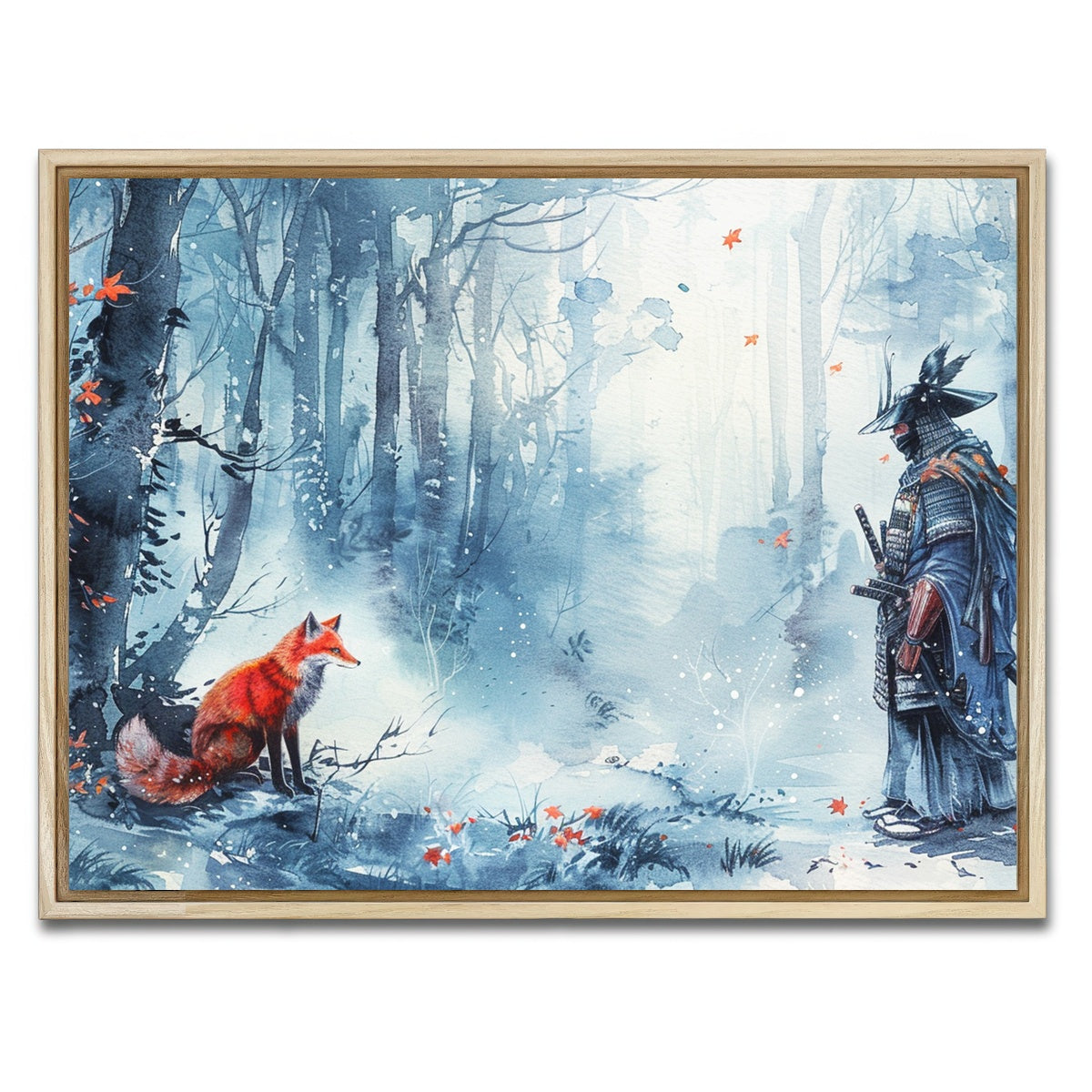 AUTO-MOCKUP WHITE | Japanese Samurai and red fox | 1 Piece | Natural Framed Canvas | group=4x3