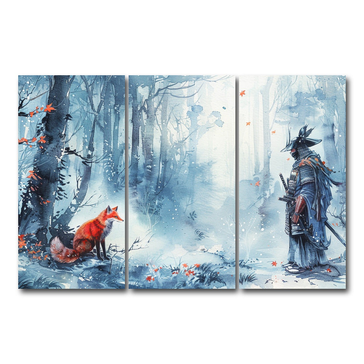 AUTO-MOCKUP WHITE | Japanese Samurai and red fox | 3 Piece | Gallery Wrap Canvas | group=12x24