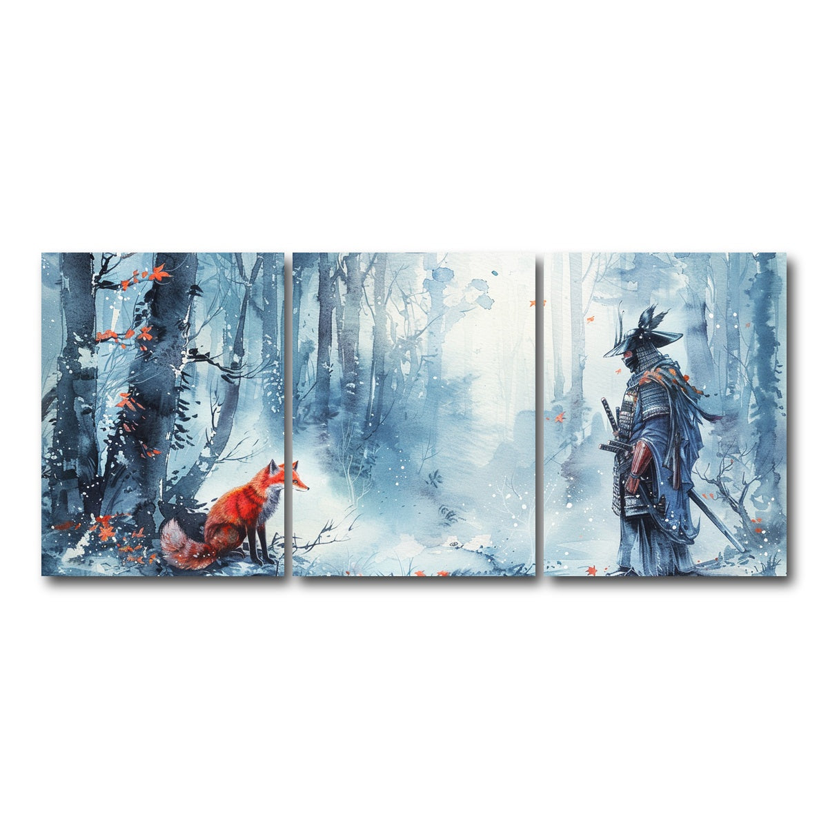 AUTO-MOCKUP WHITE | Japanese Samurai and red fox | 3 Piece | Gallery Wrap Canvas | group=18x24