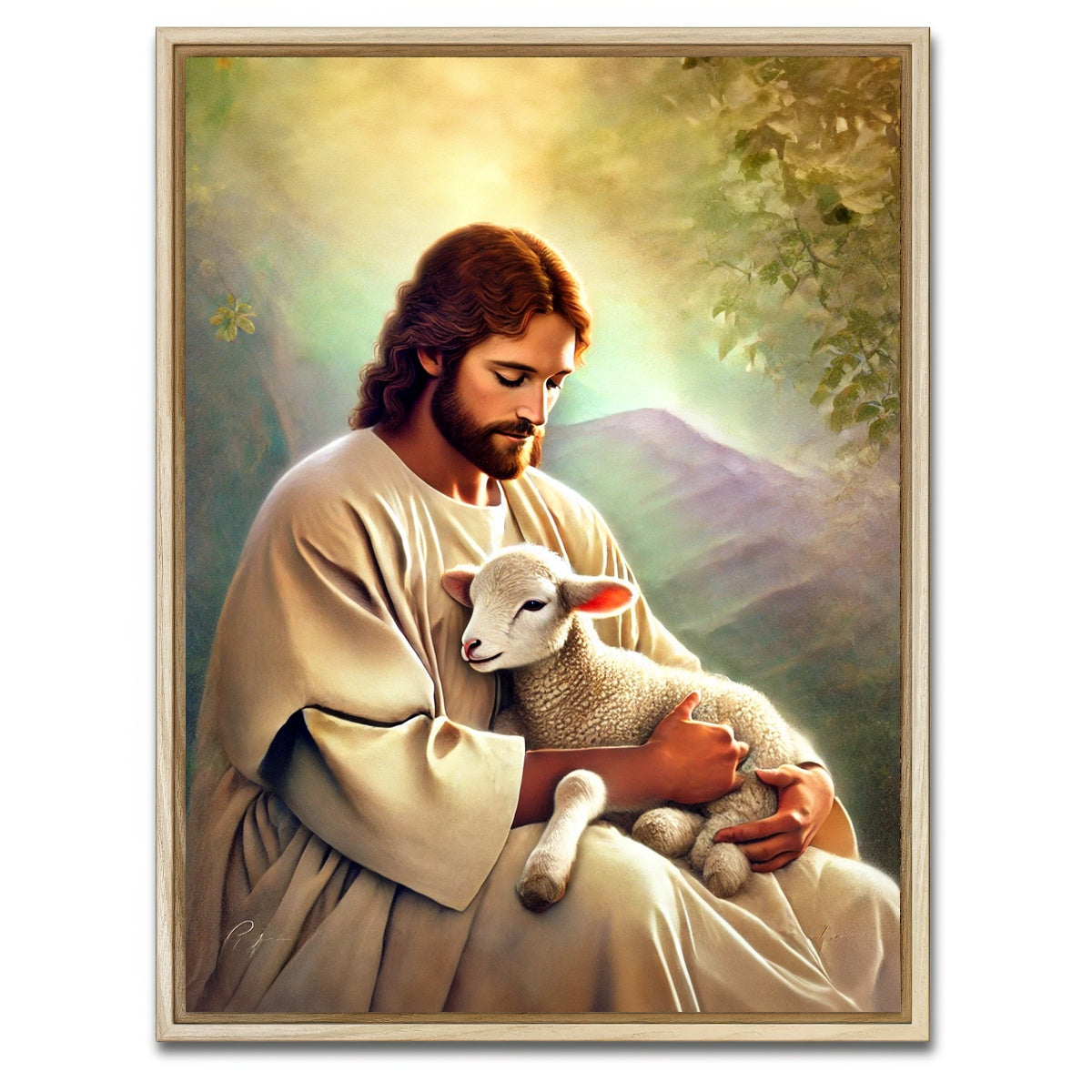 AUTO-MOCKUP WHITE | Jesus Holding Lamb | 1 Piece | Natural Framed Canvas | group=3x4