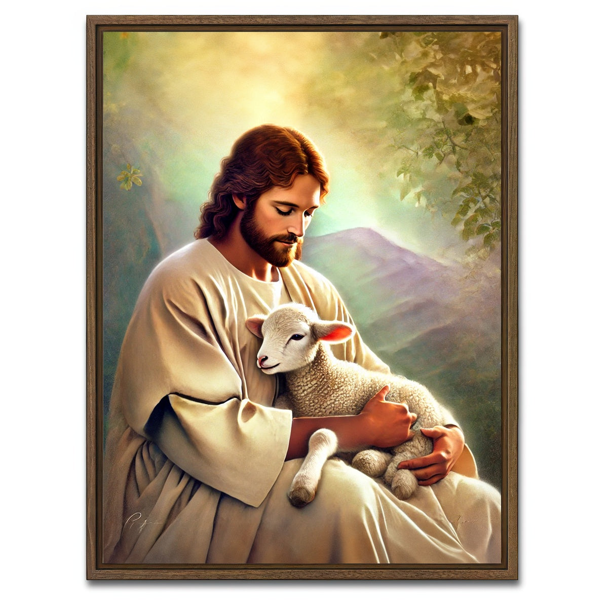 AUTO-MOCKUP WHITE | Jesus Holding Lamb | 1 Piece | Walnut Framed Canvas | group=3x4