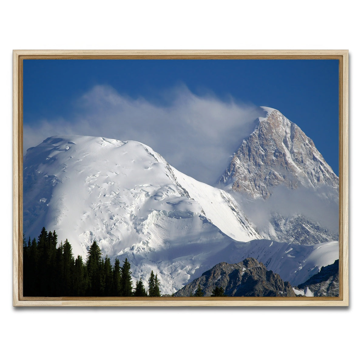 AUTO-MOCKUP WHITE | Khan Tengri and Bayankol peaks | 1 Piece | Natural Framed Canvas | group=4x3