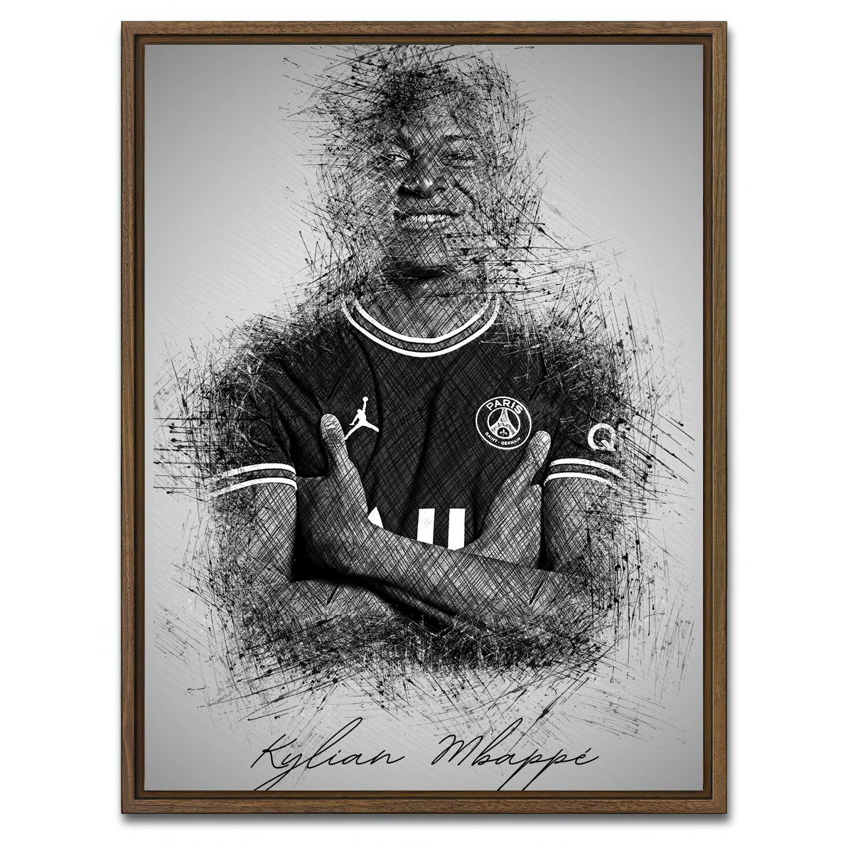 AUTO-MOCKUP WHITE | Kylian Mbappe Sketch | 1 Piece | Walnut Framed Canvas | group=3x4