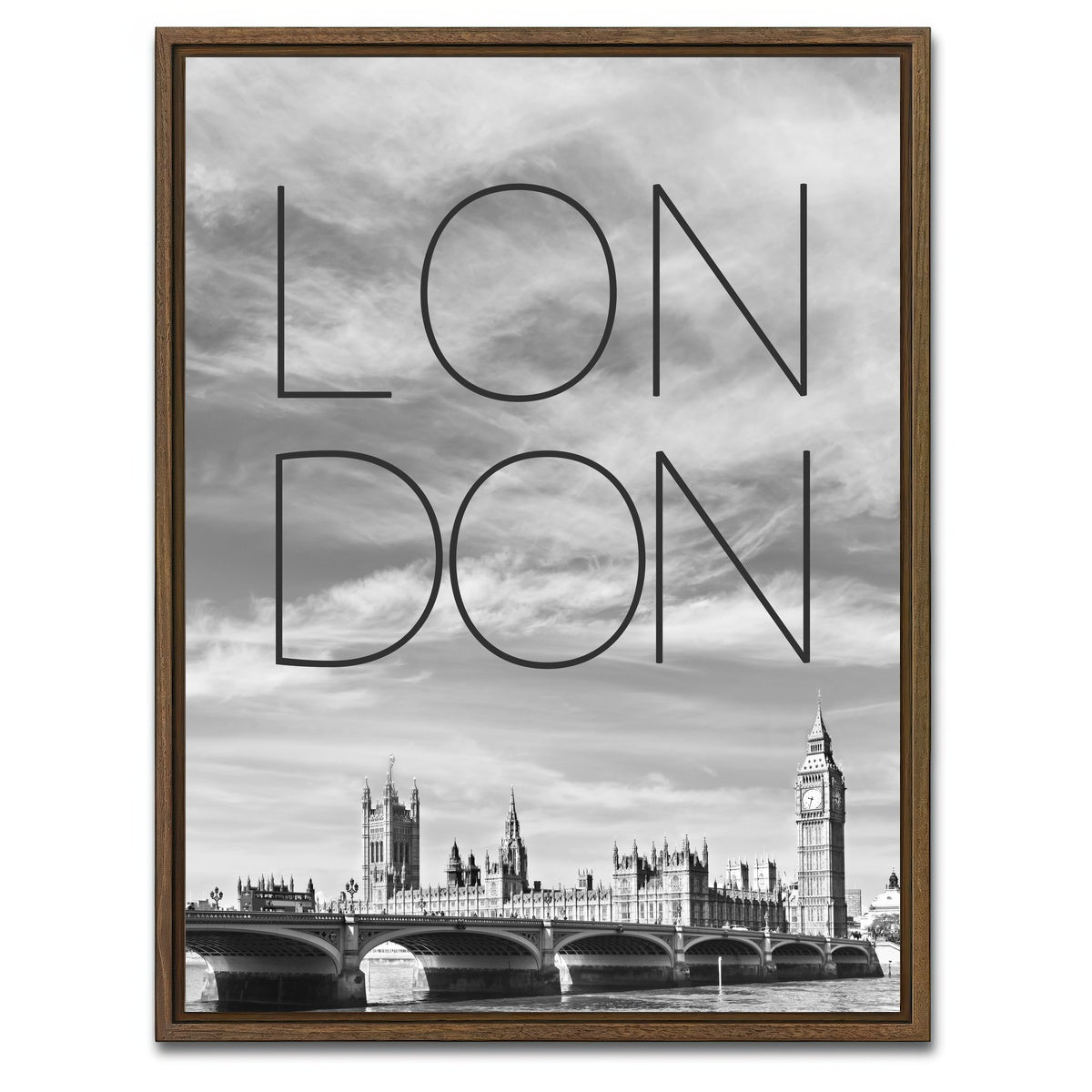 AUTO-MOCKUP WHITE | LONDON Westminster Bridge Text & Skyline | 1 Piece | Walnut Framed Canvas | group=3x4