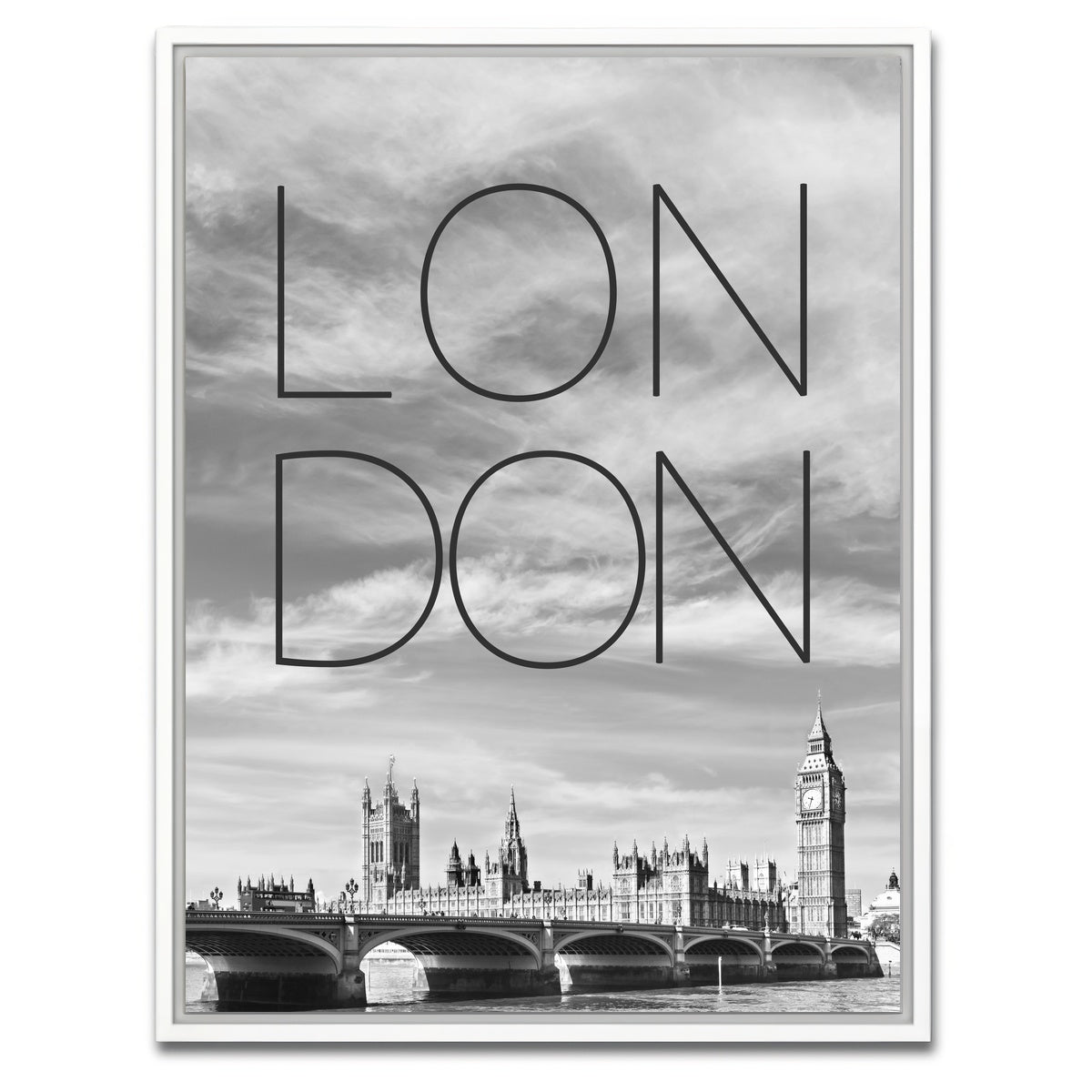 AUTO-MOCKUP WHITE | LONDON Westminster Bridge Text & Skyline | 1 Piece | White Framed Canvas | group=3x4