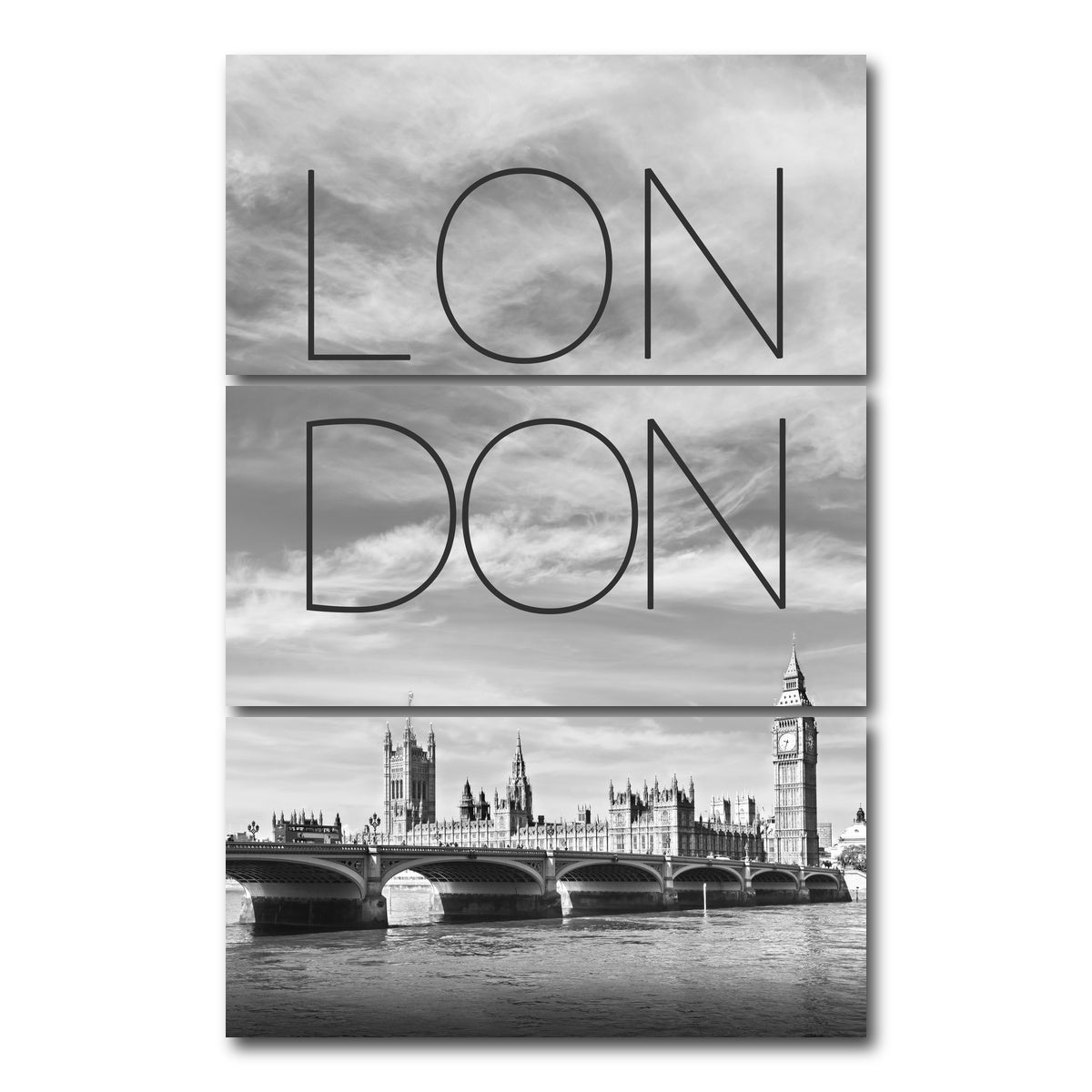 AUTO-MOCKUP WHITE | LONDON Westminster Bridge Text & Skyline | 3 Piece | Gallery Wrap Canvas | group=12x24_stacked