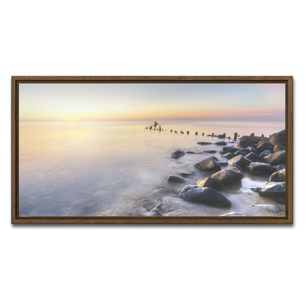 AUTO-MOCKUP WHITE | Lake Michigan Shore at Sunrise | 1 Piece | Walnut Framed Canvas | group=2x1