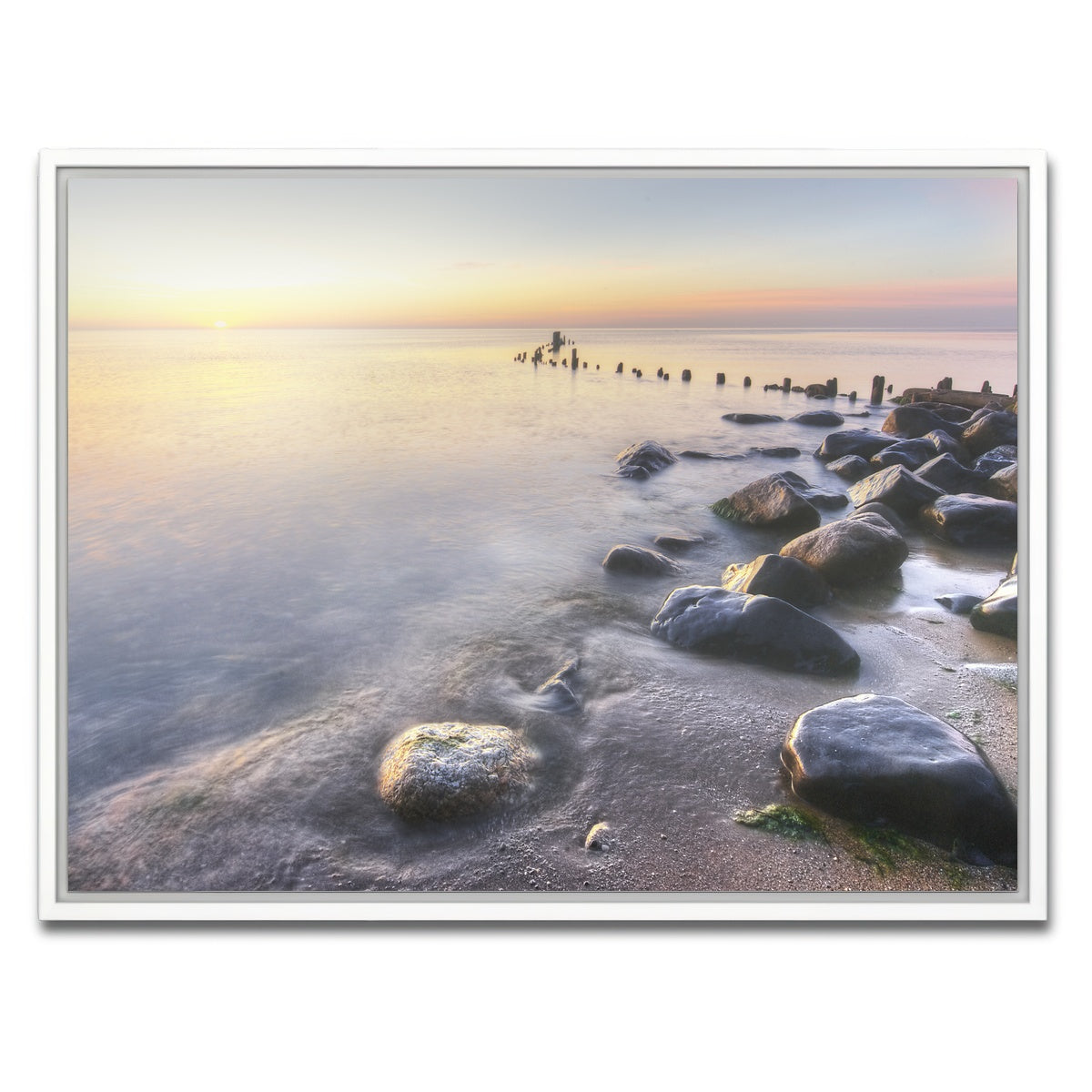 AUTO-MOCKUP WHITE | Lake Michigan Shore at Sunrise | 1 Piece | White Framed Canvas | group=4x3