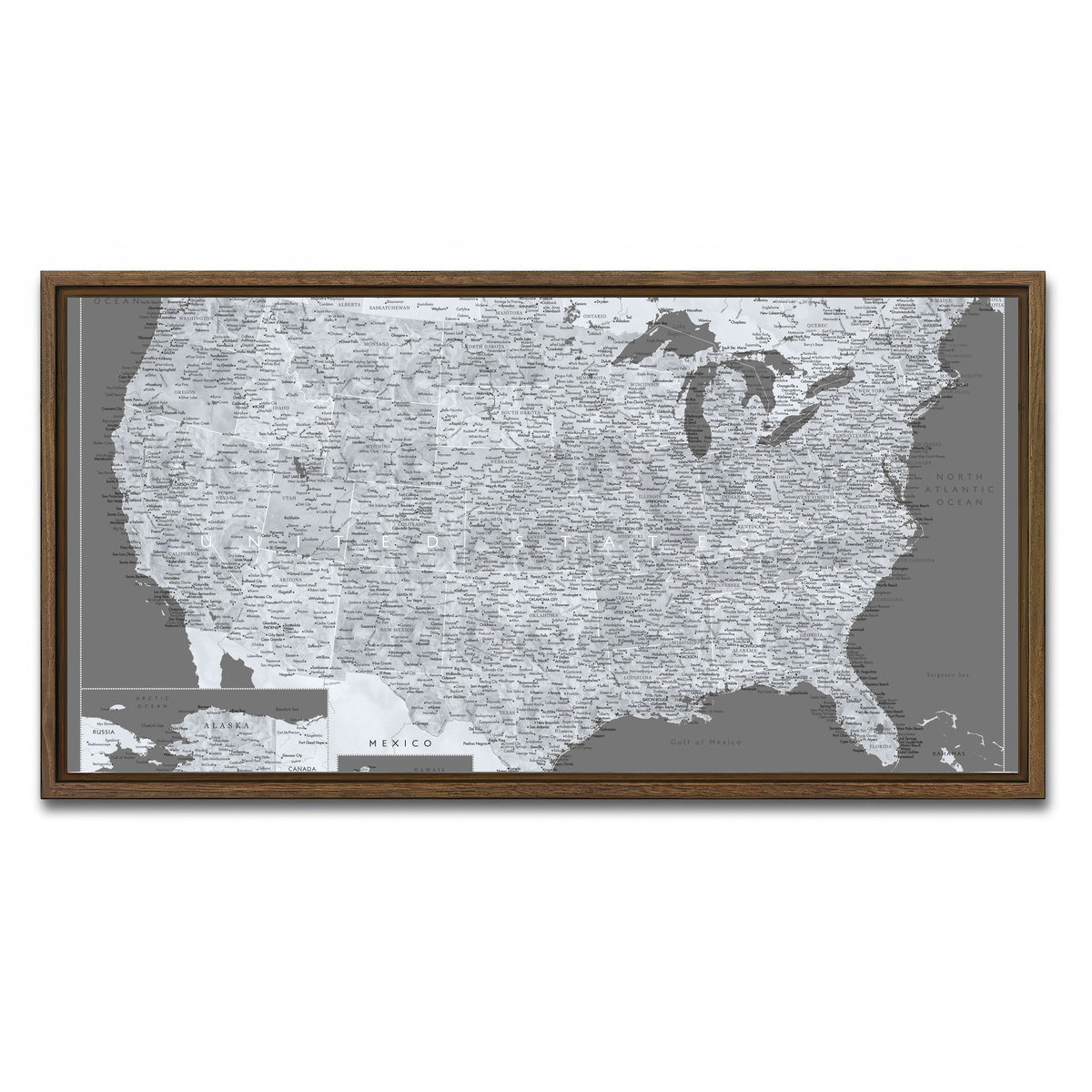 AUTO-MOCKUP WHITE | Light US Map | 1 Piece | Walnut Framed Canvas | group=2x1
