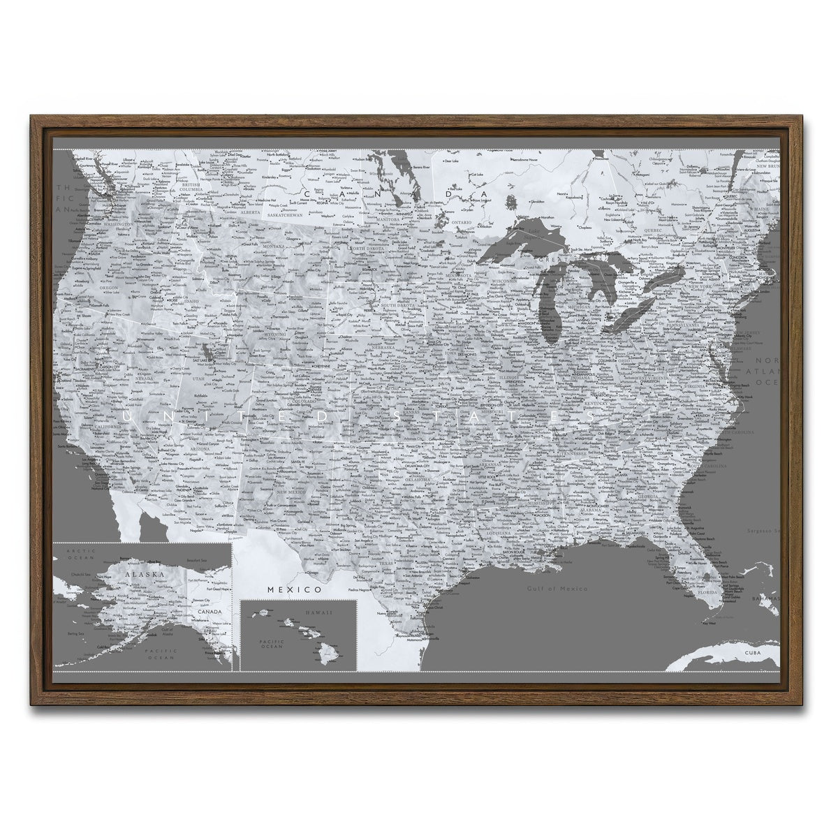 AUTO-MOCKUP WHITE | Light US Map | 1 Piece | Walnut Framed Canvas | group=4x3