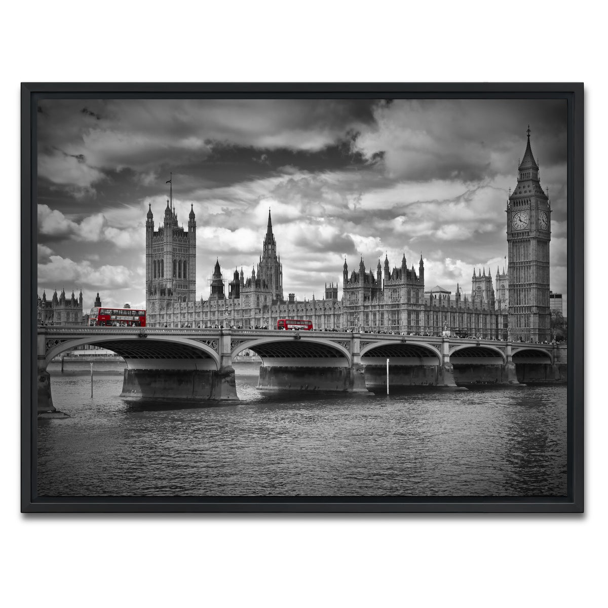 AUTO-MOCKUP WHITE | London Houses of Parliament & Red Buses | 1 Piece | Black Framed Canvas | group=4x3