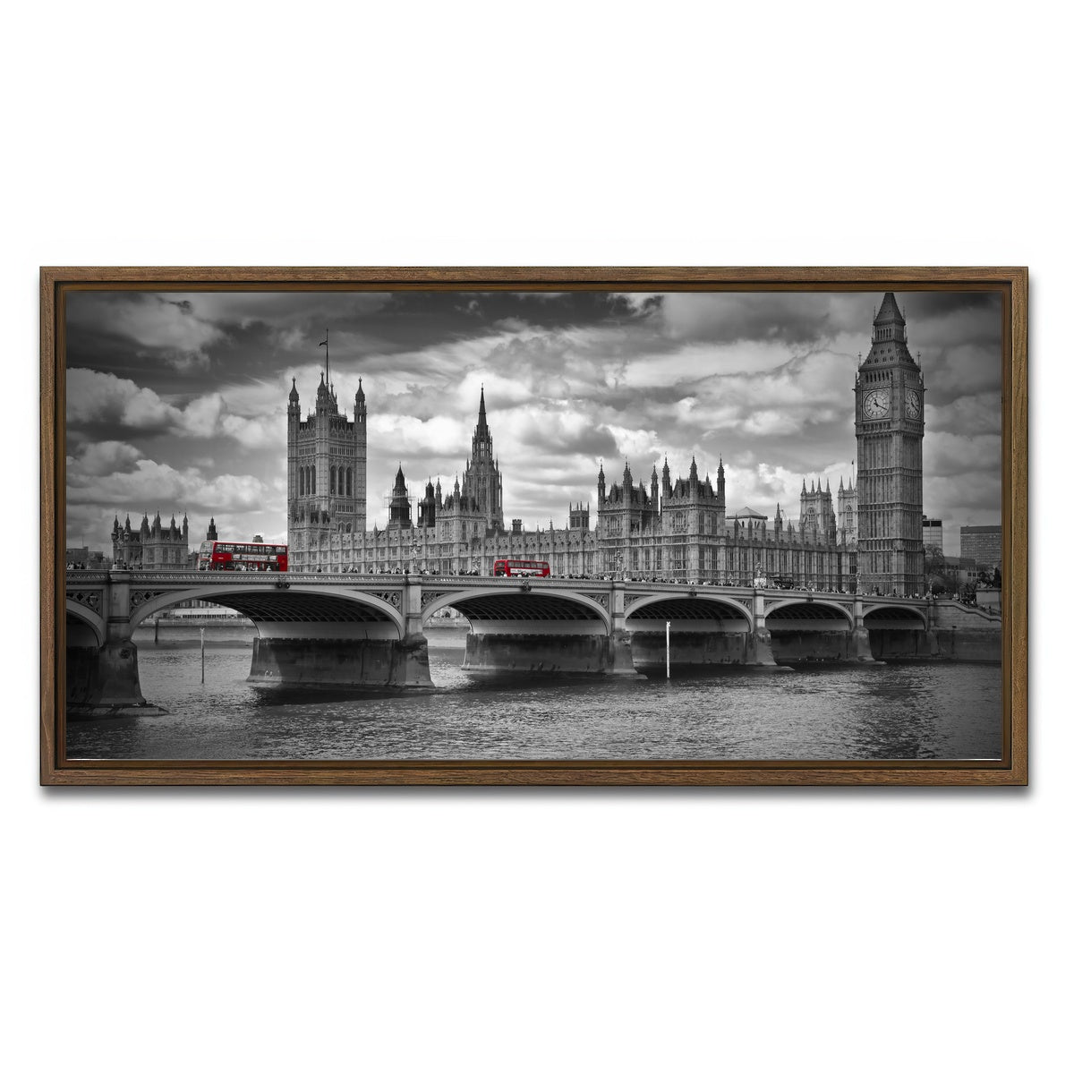 AUTO-MOCKUP WHITE | London Houses of Parliament & Red Buses | 1 Piece | Walnut Framed Canvas | group=2x1