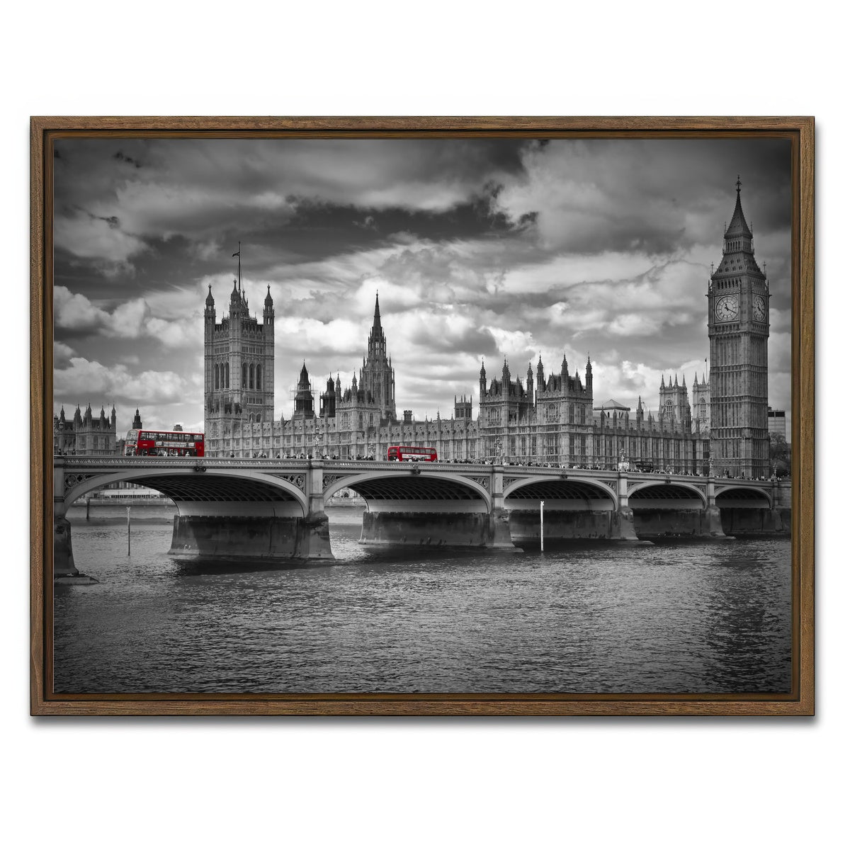 AUTO-MOCKUP WHITE | London Houses of Parliament & Red Buses | 1 Piece | Walnut Framed Canvas | group=4x3
