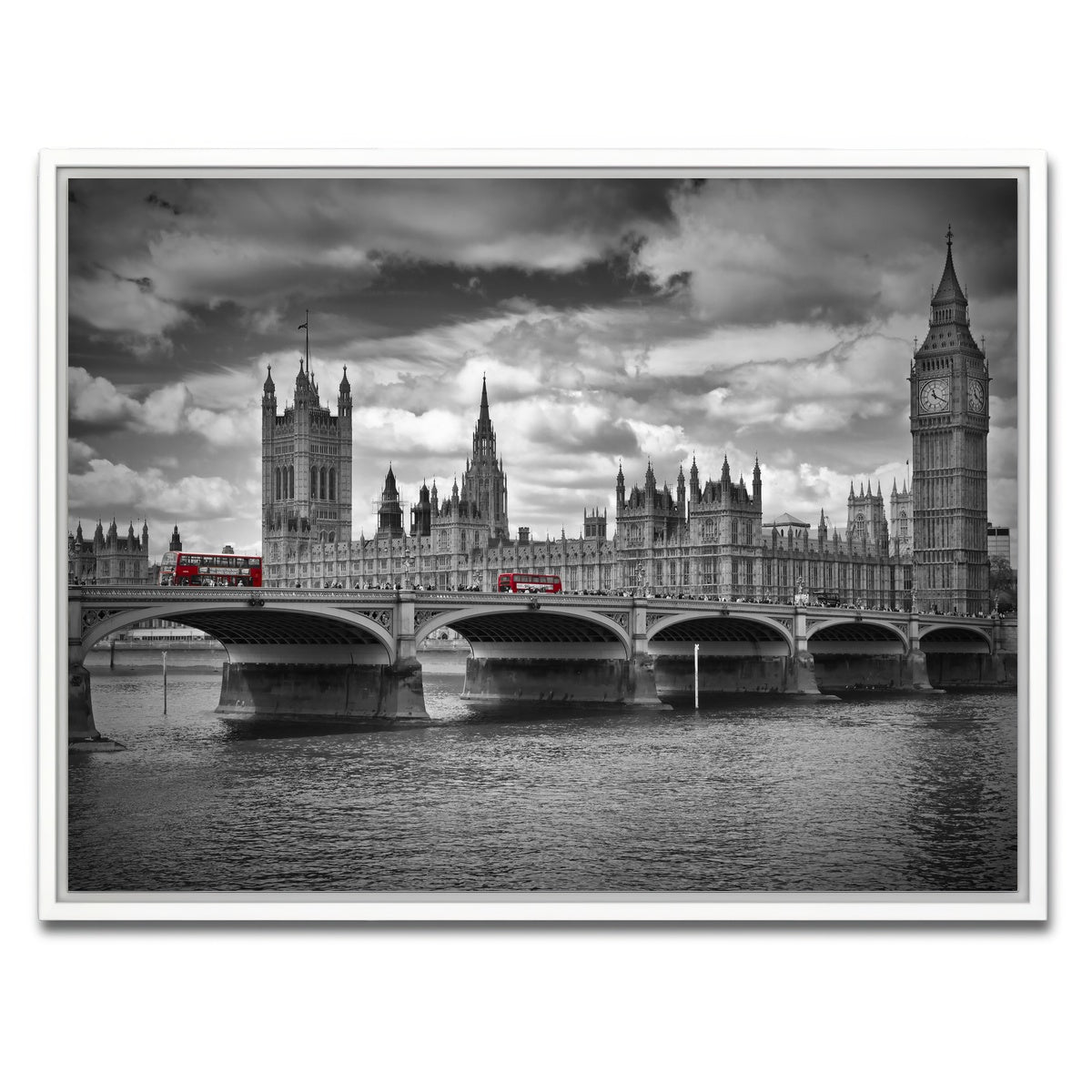 AUTO-MOCKUP WHITE | London Houses of Parliament & Red Buses | 1 Piece | White Framed Canvas | group=4x3
